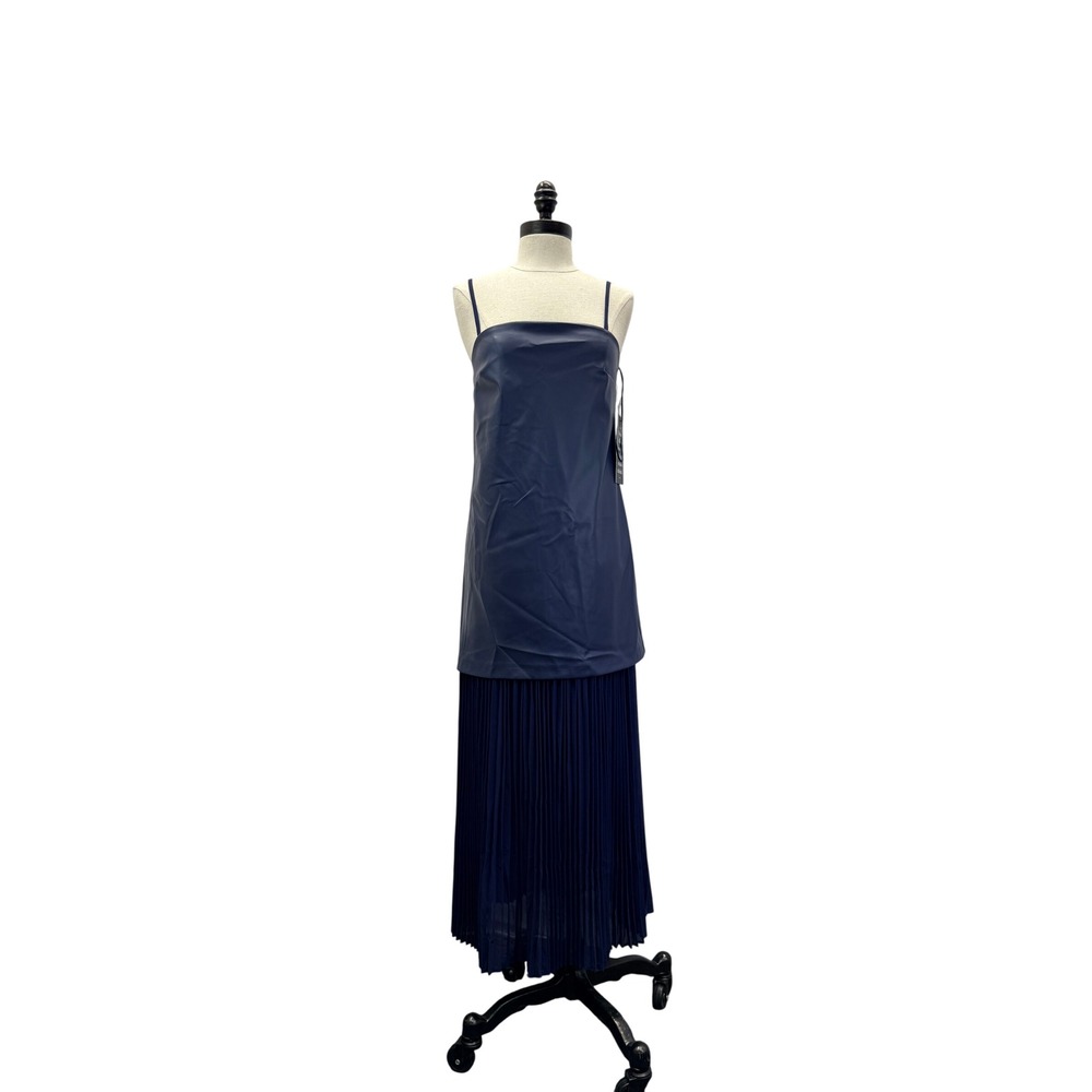 Hyacinth House Midi Dress Women's Size XS Navy New Vegan Leather Pleated - Picture 4 of 6